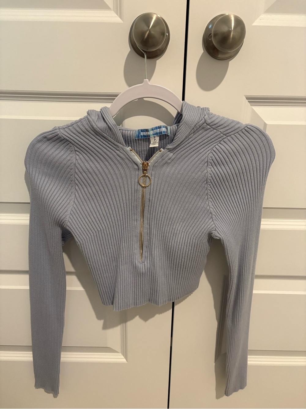 Urban Outfitters Ribbed Cropped Zip Hoodie Sweater - Light Blue Size S